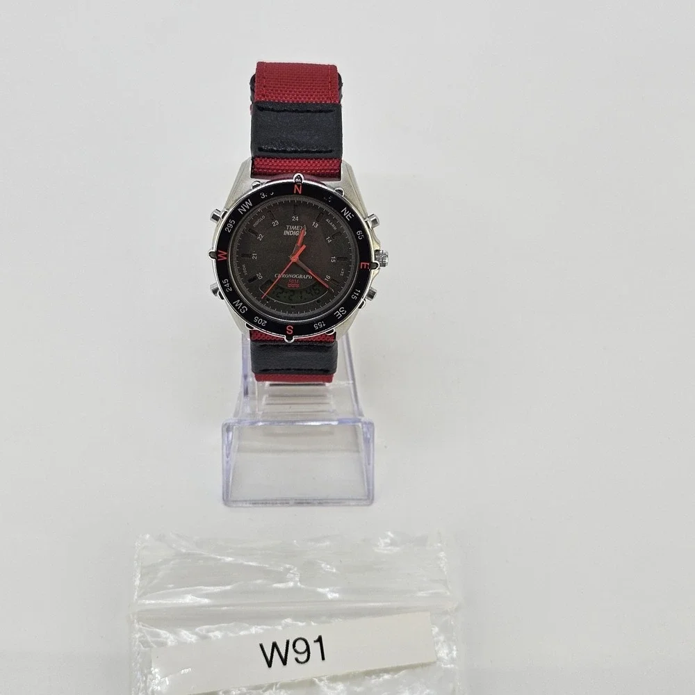 VTG Timex Analog Digital Men's Watch 40MM Brown Dial New Red Bands New Battery